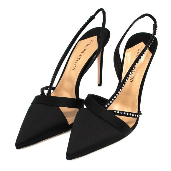 Tamara Mellon Room Key 105 Black Satin Crystal Slingback Pointed Heels 41 NEW - Picture 2 of 8